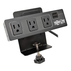 tripp lite 3 outlet surge protector power strip with desk clamp, 10ft. cord, 510 joules, 2 usb charging ports, black, $20k insurance & (tlp310usbc)