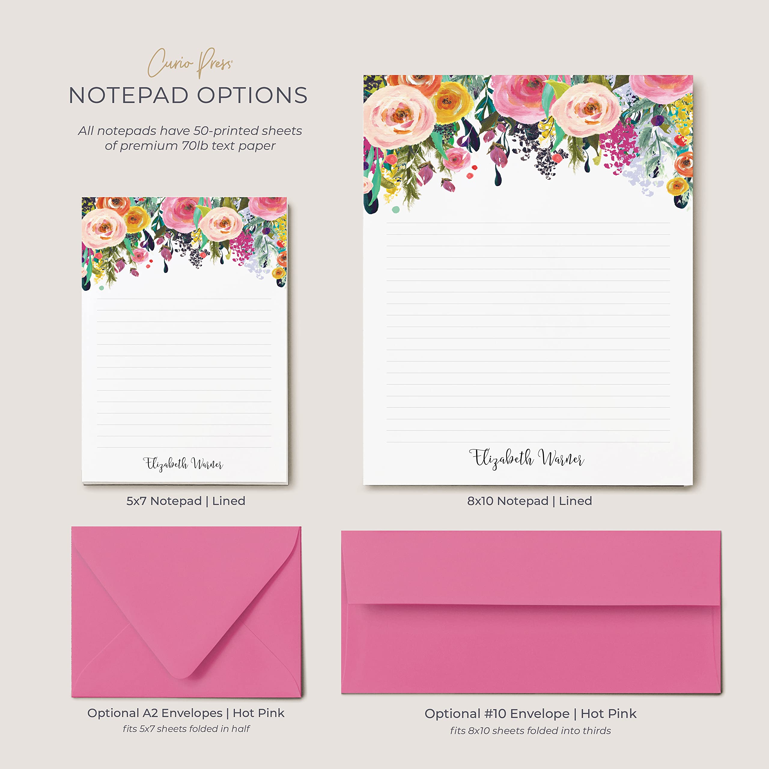 Multi Flower Art Personalized Notepads - Small Notepad 5x7 w/ 50 Printed Sheets – Personalized Stationery w/Custom Size, & More – Classy Desk Supplies – Customizable to 8x10” - Multi Flower Notepad