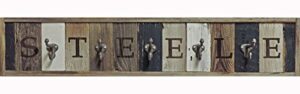 personalized wooden coat rack with metal hooks, rustic wall mounted entryway storage, custom modern farmhouse wall decor. reclaimed barn wood your choice of lettering length and accent colors.