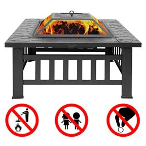 FCH 32" Metal Fire Pit Outdoor Backyard Patio Garden Square Stove Brazier with Charcoal Rack, Poker & Mesh Cover 32" L x 32" W x 17" H