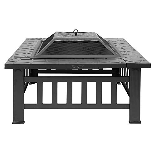 FCH 32" Metal Fire Pit Outdoor Backyard Patio Garden Square Stove Brazier with Charcoal Rack, Poker & Mesh Cover 32" L x 32" W x 17" H