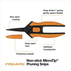 Fiskars Micro-Tip Pruning Snips - 6" Garden Shears with Sharp Precision-Ground Non-Stick Coated Stainless Steel Blade - Gardening Tool Scissors with SoftGrip Handle