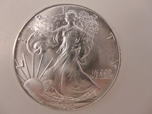 1986 american eagle 1 oz. silver minor spots/toning first year of issue. dollar brilliant uncirculated