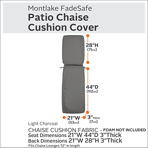Classic Accessories Montlake FadeSafe Water-Resistant 72 x 21 x 3 Inch Outdoor Chaise Lounge Cushion Slip Cover, Patio Furniture Cushion Cover, Light Charcoal Grey, Patio Furniture Cushion Covers