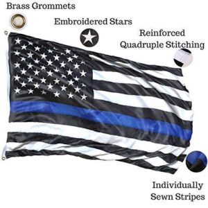 Thin Blue Line Flag: 3x5 ft with Embroidered Stars - Sewn Stripes - Brass Grommets - UV Protection - Black White and Blue American Police Flag Honoring Law Enforcement Officers