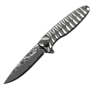 cool hand 4.6'' damascus steel folding knife, titanium frame lock knives w/ 3'' vg10 damascus steel blade, textured tc4 titanium handle and clip, great edc gentlemen knife