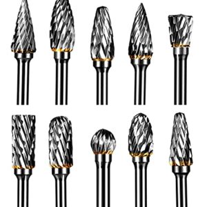 YXGOOD 10 Pieces Tungsten Carbide Double Cut Rotary Burr Set with 3 mm (1/8 Inch) Shank and 6 mm (1/4 Inch) Head Size (Style 1)