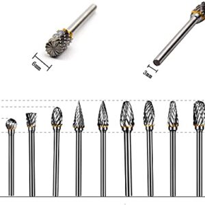 YXGOOD 10 Pieces Tungsten Carbide Double Cut Rotary Burr Set with 3 mm (1/8 Inch) Shank and 6 mm (1/4 Inch) Head Size (Style 1)