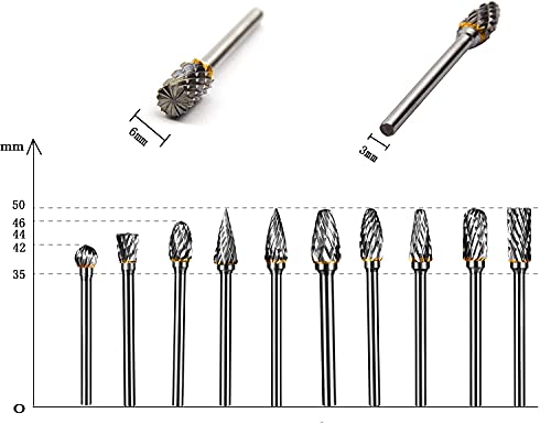 YXGOOD 10 Pieces Tungsten Carbide Double Cut Rotary Burr Set with 3 mm (1/8 Inch) Shank and 6 mm (1/4 Inch) Head Size (Style 1)