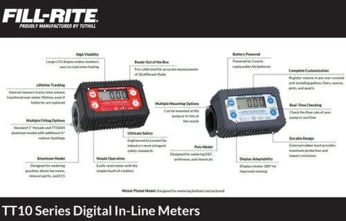 Fill-Rite TT10AN 1" 2-35 GPM(8-132 LPM) Digital In-line Turbine Meter, Aluminum, Fuel Transfer Meter,Black/Red