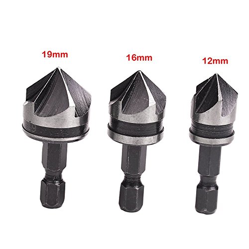 Rocaris 3 Piece 1/4" Hex 12/16/19mm Countersink Bore Set for Wood Metal Quick Change Bit