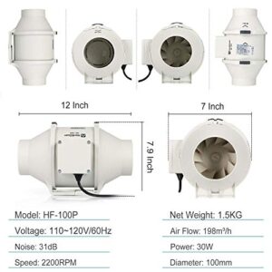 Hon&Guan P4 Quiet 4 Inch Inline Duct Fan, Upgrade Motor & Low Noise Ventilation Exhaust Fan for Heating Cooling Booster, Grow Tents, Hydroponics