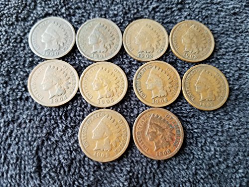 1900 P 1901 1902 1903 1904 1905 1906 1907 1908 1909 Complete Decade U.S. Indian Head Cents - 10 coins Penny Seller Circulated