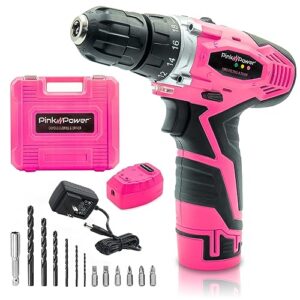 pink power pink drill set for women - 12v li-ion pink cordless drill driver tool kit for women - electric screwdriver with case, battery, charger and bit set