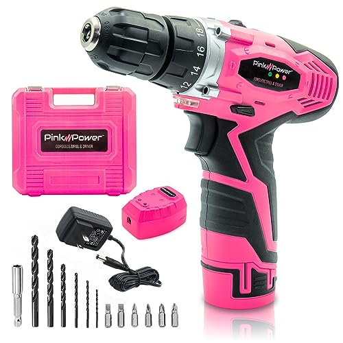 Pink Power Pink Drill Set for Women - 12V Li-Ion Pink Cordless Drill Driver Tool Kit for Women - Electric Screwdriver with Case, Battery, Charger and Bit Set