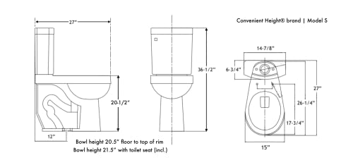 20 inch Extra Tall Toilet. Convenient Height bowl taller than ADA Comfort Height. Dual flush, Metal handle, Slow-close seat