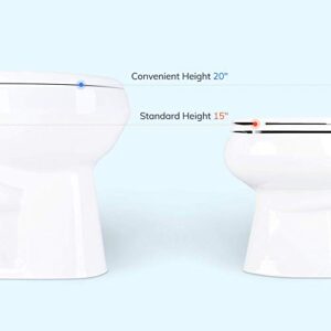 20 inch Extra Tall Toilet. Convenient Height bowl taller than ADA Comfort Height. Dual flush, Metal handle, Slow-close seat