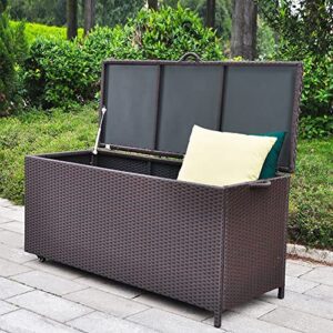 outdoor patio wicker storage container deck box made of antirust aluminum frames and resin rattan, 86-gallon (brown) (large, brown)