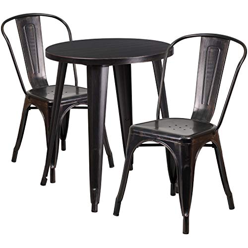 Flash Furniture Commercial Grade 24" Round Black-Antique Gold Metal Indoor-Outdoor Table Set with 2 Cafe Chairs