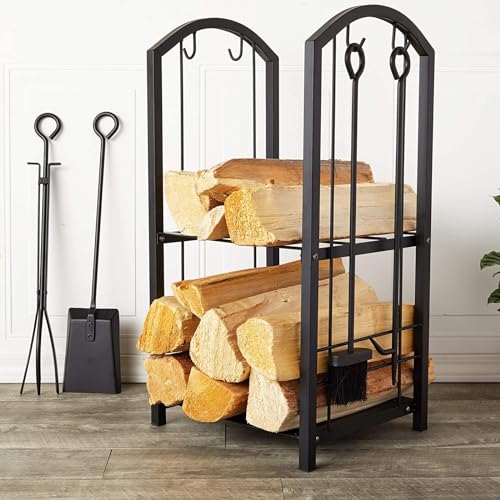 Juvale Firewood Rack with Fireplace Tools, Log Holder for Indoor Outdoor Fire Pit Accessories (15 x 29 x 13 in)