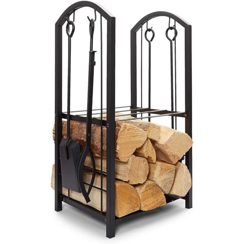 Juvale Firewood Rack with Fireplace Tools, Log Holder for Indoor Outdoor Fire Pit Accessories (15 x 29 x 13 in)