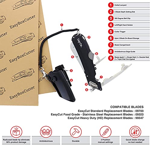 Box Cutter, 3 blade depth setting, Squeeze Trigger and Edge Guides, Holster, Lanyard, Extra Blade - 1000 white