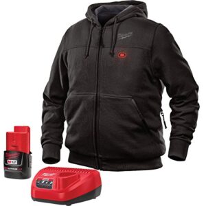 milwaukee hoodie m12 12v lithium-ion heated jacket kit front and back heat zones - battery and charger included - (large, black)