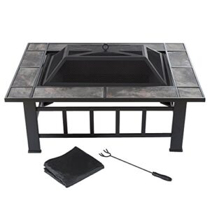 fire pit set, wood burning pit -includes screen, cover and log poker- great for outdoor and patio, 37” marble tile rectangular firepit by pure garden