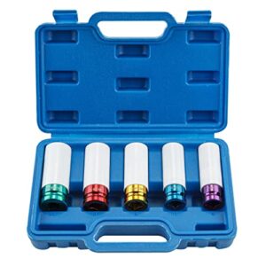 cartman 5 piece set 1/2 inch drive deep impact socket, non-marring impact lug nut socket with protective sleeves, cr-mo