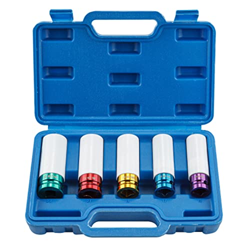 CARTMAN 5 Piece Set 1/2 Inch Drive Deep Impact Socket, Non-Marring Impact Lug Nut Socket with Protective Sleeves, CR-MO