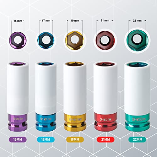 CARTMAN 5 Piece Set 1/2 Inch Drive Deep Impact Socket, Non-Marring Impact Lug Nut Socket with Protective Sleeves, CR-MO
