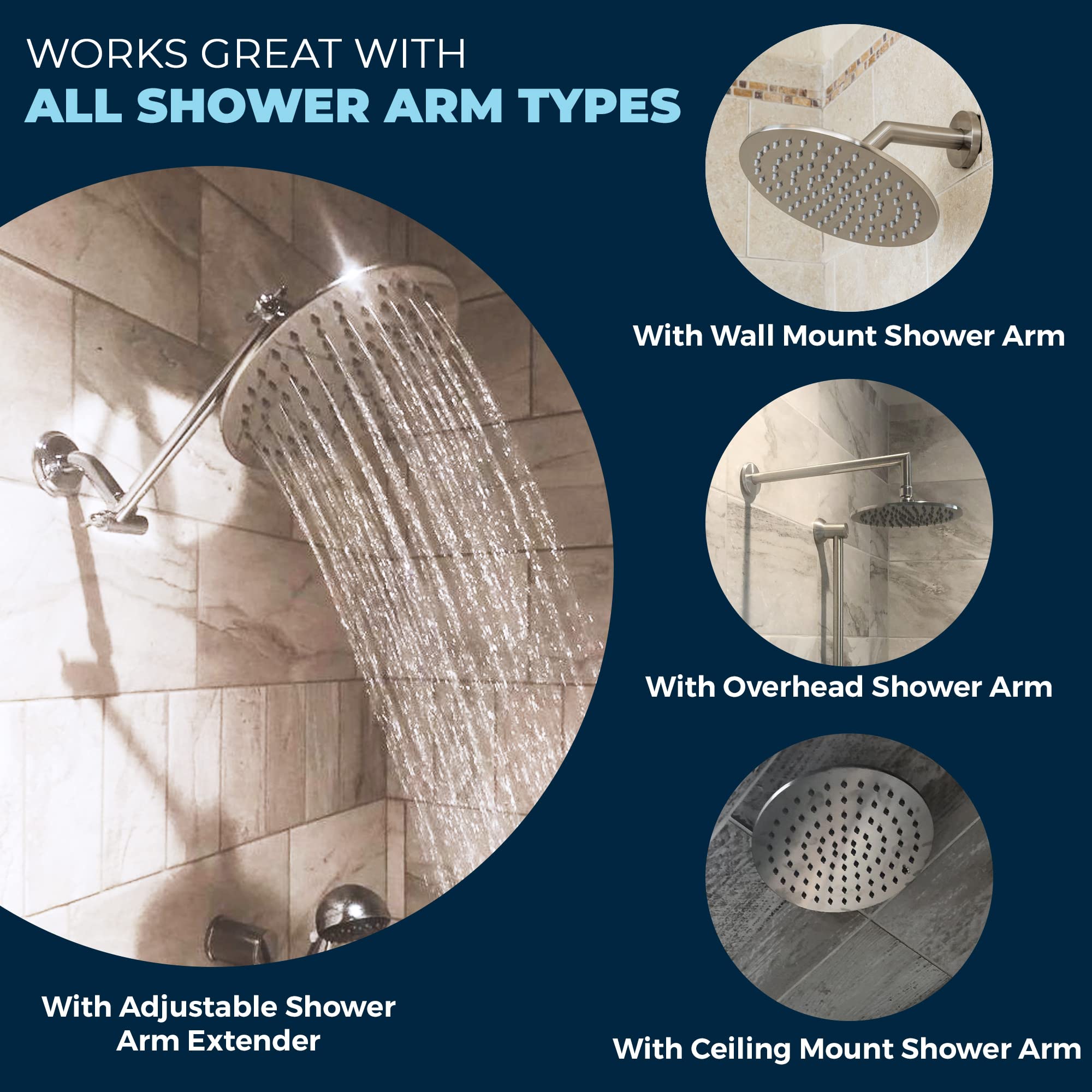 ALL METAL 8 Inch Rainfall Shower Head – CHROME - Shower Head Rainfall - 2.5 GPM High Flow Shower Head Optimized for Pressure – Large Round Rain Shower Heads - Wall, Overhead, or Ceiling Mount