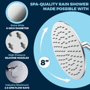 ALL METAL 8 Inch Rainfall Shower Head – CHROME - Shower Head Rainfall - 2.5 GPM High Flow Shower Head Optimized for Pressure – Large Round Rain Shower Heads - Wall, Overhead, or Ceiling Mount