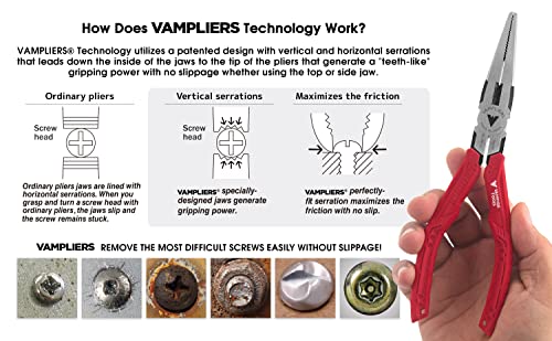 VAMPLIERS: 7.5" Long Nose High Carbon Steel Pliers with Screw Removing Jaws and Wire Cutter. Ideal for Removing Stuck, Stripped Screws & Fasteners in hard-to-reach spaces. Made in Japan: VT-001-7LN