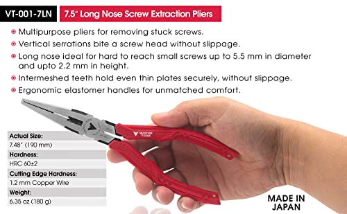 VAMPLIERS: 7.5" Long Nose High Carbon Steel Pliers with Screw Removing Jaws and Wire Cutter. Ideal for Removing Stuck, Stripped Screws & Fasteners in hard-to-reach spaces. Made in Japan: VT-001-7LN