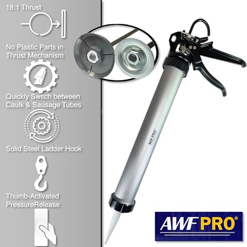 AWF PRO Sausage Caulk Gun - 20 oz Foil Pack / 10 oz Cartridge Convertible, 18:1 Thrust, Aluminum Sausage Caulking Gun, Ideal For Contractors and DIY, Replaceable Tips Included