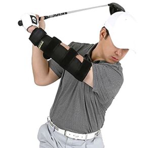 weighted elbow brace - shoulder turn & straight arm golf swing trainer increasing the moment of inertia force (rigid, us patented)