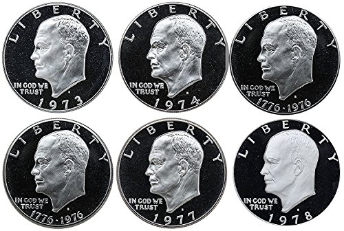 1973 S 1974 1976(T1) 1976(T2) 1977 1978 Eisenhower Ike Dollars Gem Proof Run 6 Coins US Mint Clad Lot Complete Set Proof