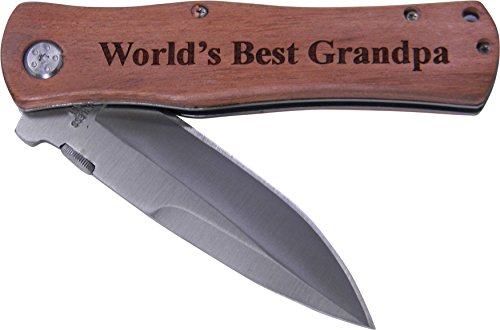 World's Best Grandpa Folding Pocket Knife - Great Gift for Father's Day, Birthday, or Christmas Gift for Dad, Grandpa, Grandfather, Papa (Wood Handle)