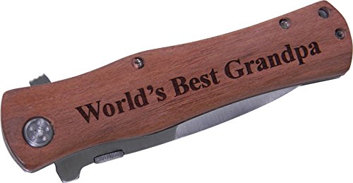 World's Best Grandpa Folding Pocket Knife - Great Gift for Father's Day, Birthday, or Christmas Gift for Dad, Grandpa, Grandfather, Papa (Wood Handle)