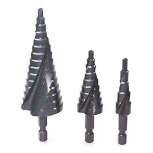 atoplee step drill bit, 3pcs 6mm hex shank hss nitriding black spiral fluted unibit step bit for hole drilling in metal, copper, aluminum,wood,plastic,sizes 4-12mm/4-20mm/4-32mm