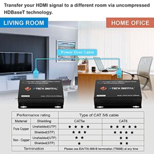 J-Tech Digital 4K Ultra HD HDBaseT HDMI Extender Over Cat5e/6 Ethernet up to 230ft (1080P) 130ft (4K), Supports HDCP 2.2/1.4, RS232, Bi-Directional IR and PoC