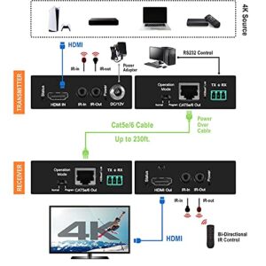 J-Tech Digital 4K Ultra HD HDBaseT HDMI Extender Over Cat5e/6 Ethernet up to 230ft (1080P) 130ft (4K), Supports HDCP 2.2/1.4, RS232, Bi-Directional IR and PoC