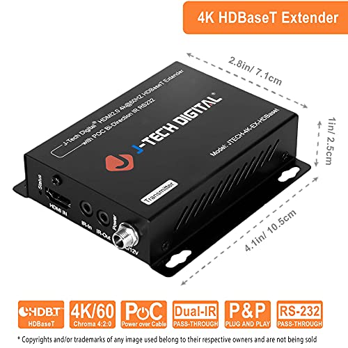 J-Tech Digital 4K Ultra HD HDBaseT HDMI Extender Over Cat5e/6 Ethernet up to 230ft (1080P) 130ft (4K), Supports HDCP 2.2/1.4, RS232, Bi-Directional IR and PoC