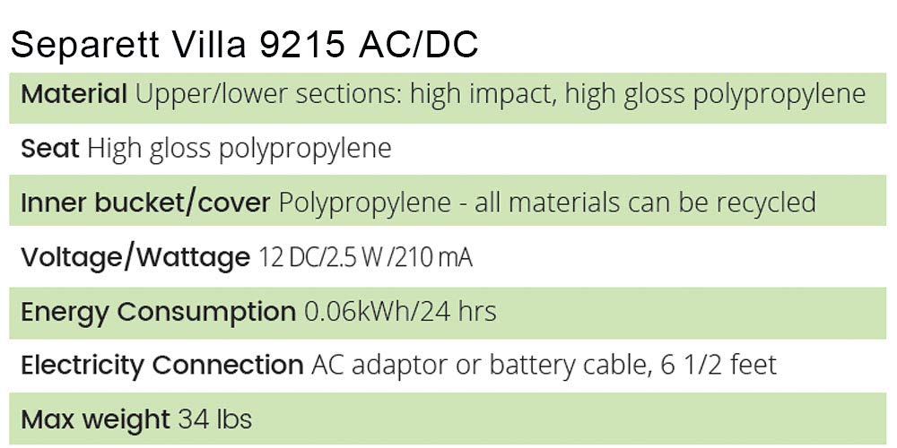 Separett Villa 9215 AC/DC 12V Urine Diverting High Capacity Waterless Composting Toilet