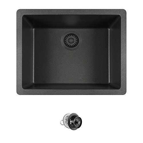 MR Direct 808-BL-CST Black Dual-Mount Granite 21-5/8 in. Single Bowl Kitchen Sink Matching 1 Colored Strainer