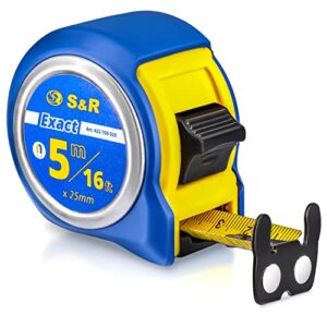 s&r industriewerkzeuge tape measure inch and metric q-series 5m / 16 ft, tape 25 mm, nylon coated, measuring pocket tapes impact resistant, rubberized case