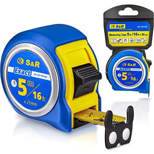 S&R Industriewerkzeuge Tape Measure Inch and Metric Q-Series 5M / 16 Ft, Tape 25 Mm, Nylon Coated, Measuring Pocket Tapes Impact Resistant, Rubberized Case