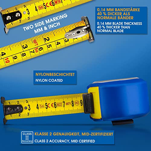 S&R Industriewerkzeuge Tape Measure Inch and Metric Q-Series 5M / 16 Ft, Tape 25 Mm, Nylon Coated, Measuring Pocket Tapes Impact Resistant, Rubberized Case