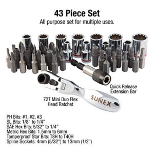 Sunex 9732 44Pc 1/4" Dr Mini Dual Flex Head RATCHET W Socket & Bit Set